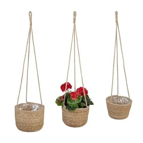 Produktbild: Relaxdays Seegras Blumenampel 3er Set, hängend, Blumen & Hängepflanzen, Hängekorb mit Folie, 3 Größen, Pflanzkorb, Natur