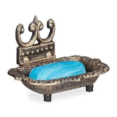 Produktbild: Relaxdays Seifenschale antik, Gusseisen, massiv, verziert, Standfüßchen, Handseife, HxBxT: 10 x 15 x 11,5 cm, bronze