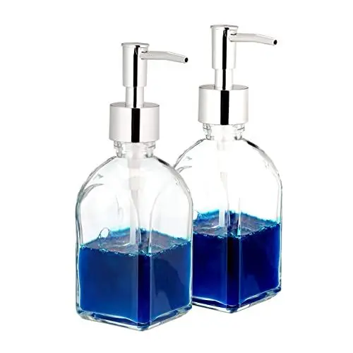 Produktbild: Relaxdays Seifenspender, 2er Set, Pumpkopf, nachfüllbar, Bad, WC, Küche, Flüssigseifenspender, Glas, 220 ml, transparent
