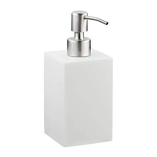 Produktbild: Relaxdays Seifenspender 300 ml, nachfüllbar, Bad, Küche, Flüssigseifenspender eckig, Polyresin, Edelstahlpumpe, weiß