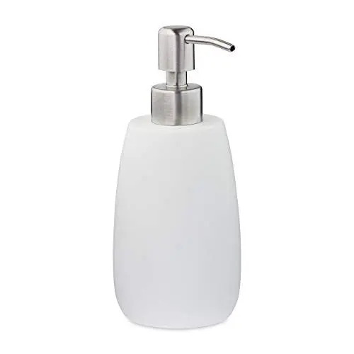 Produktbild: Relaxdays Seifenspender 300 ml, nachfüllbar, Bad, Küche, Flüssigseifenspender, rund, Polyresin, Edelstahlpumpe, weiß