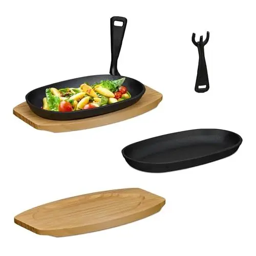 Produktbild: Relaxdays Servierpfanne, 2er Set, Gusseisen, mit Holzuntersetzern, abnehmbarer Griff, Grillpfännchen, schwarz/natur