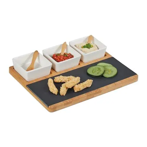 Produktbild: Relaxdays Servierschalen Set 8-TLG, mit Bambusbrett, Schieferplatte & Löffeln, für Dips, Antipasti, Tapas, Mehrfarbig