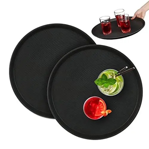 Produktbild: Relaxdays Serviertablett 2er Set, rund Ø 40 cm, Bartablett, rutschfeste Oberfläche, Kellnertablett Gastronomie, schwarz