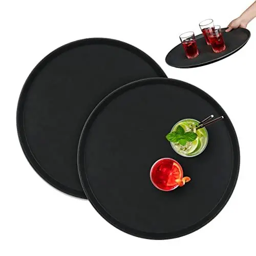 Produktbild: Relaxdays Serviertablett 2er Set, rund Ø 45 cm, Bartablett, rutschfeste Oberfläche, Kellnertablett Gastronomie, schwarz