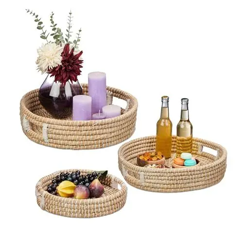 Produktbild: Relaxdays Serviertablett 3er Set, Esstablett mit Griffen, geflochtenes Tragetablett aus Seegras, hoher Rand, rund, Natur