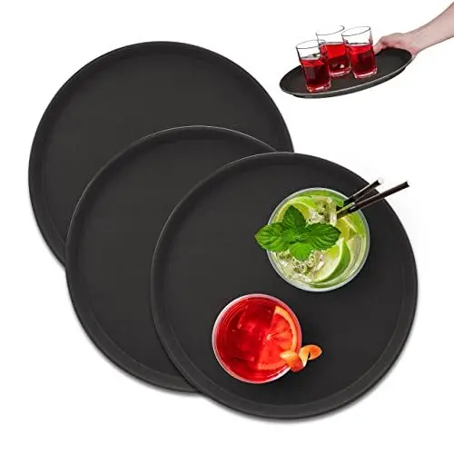 Produktbild: Relaxdays Serviertablett 3er Set, rund Ø 35 cm, Bartablett, rutschfeste Oberfläche, Kellnertablett Gastronomie, schwarz