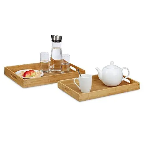 Produktbild: Relaxdays Serviertablett Bambus 2er-Set, erhöhter Rand, Grifflöcher, 45 x 42 cm breit, natur