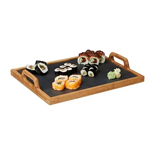 Produktbild: Relaxdays Serviertablett, Schieferplatte, 2 Henkel, Schiefer, Deko Accessoire, Küche, H x B x T: 6 x 40,5 x 32 cm, natur