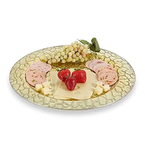 Produktbild: Relaxdays Servierteller, in Strukturglas-Optik, Kekse, Käse, Fleisch, Ø 36 cm, Deko Teller, runde Servierplatte, gold