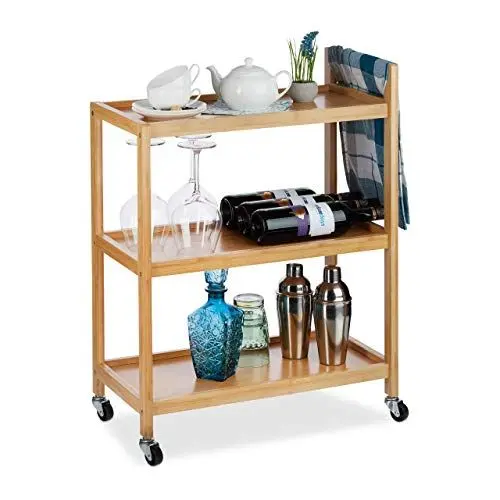 Produktbild: Relaxdays Servierwagen Bambus, 3 Ablagen, natürliche Optik, 360° drehbare Rollen, Rollwagen, HxBxT: 76x58x30 cm, natur