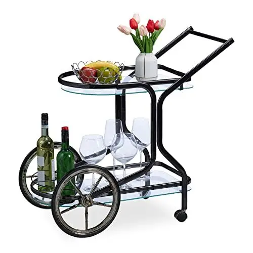 Produktbild: Relaxdays Servierwagen, Küchenwagen mit 2 Ablagen, HBT: 76 x 46 x 82 cm, Glas & Eisen, Beistellwagen auf Rollen, schwarz
