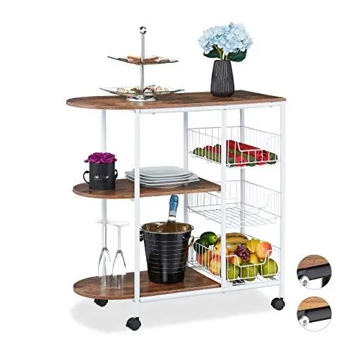 Produktbild: Relaxdays Servierwagen, Küchenwagen mit 3 Ablagen & 3 Körben, Industrial, Metall & MDF, HBT: 84 x 83 x 37 cm, weiß/braun, 1 Stück, Design B