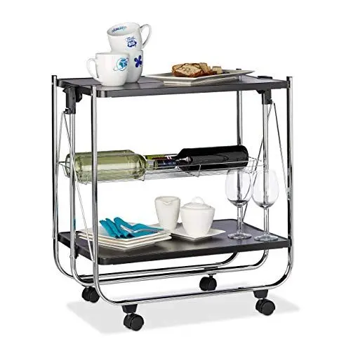 Produktbild: Relaxdays Servierwagen klappbar, 4 Rollen, Metall, 2 Böden, Gitterkorb, HxBxT 68,5 x 68 x 40,5 cm, Küchenwagen, Schwarz