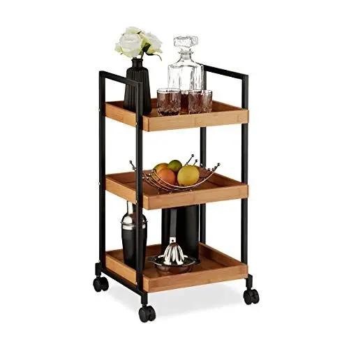Produktbild: Relaxdays Servierwagen, moderner Küchentrolley, & Eisen, 3 Böden, quadratisch, 4 Rollen, 69,5 x 37 x 34 cm, natur, Hellbraun, Schwarz