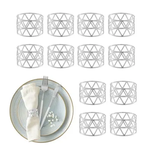 Produktbild: Relaxdays Serviettenringe, 12er Set, geometrisch, HxD: 3x4,5 cm, Serviettenhalter, Papier-und Stoffservietten, Silber