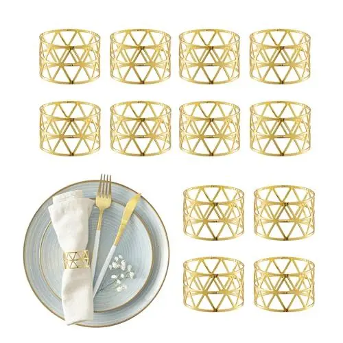 Produktbild: Relaxdays Serviettenringe, 12er Set, geometrisch, HxD: 3x4,5 cm, Serviettenhalter, Papier-und Stoffservietten, Gold