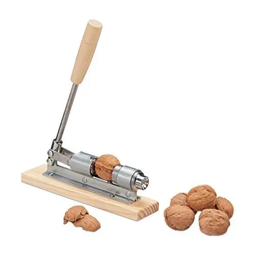 Produktbild: Relaxdays Retro Nussknacker Holz, Nutcracker, größenverstellbar, kraftsparend Nüsse öffnen, Hebel, Metall, Silber/Natur