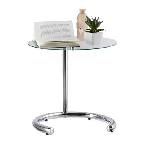 Produktbild: Relaxdays, Silber Kaffeetisch höhenverstellbar bis 70 cm, runder Wohnzimmertisch, verchromter Stahl, Glasplatte 46 cm Ø, Standard