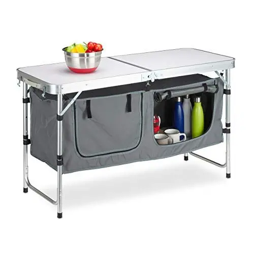 Produktbild: Relaxdays, Silber/weiß Campingtisch klappbar, höhenverstellbar, stabil, Campingschrank, Aluminium & MDF, BxT 120 x 47 cm, Polyester, Faserplatte