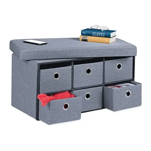 Produktbild: Relaxdays Sitzbank, Stauraum in 6 Schubladen, bequemes Sitzpolster, Faltbare Sitzkommode, HxBxT: 39 x 76 x 38 cm, grau