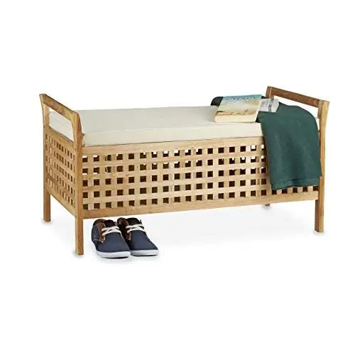 Produktbild: Relaxdays Sitzbank Walnuss mit Stauraum HBT: 46,5 x 92,6 x 49,0 cm Schuhtruhe aus Holz Sitzkommode mit Auflage aus Leinen, Dielenmöbel Truhenbank, natur weiß