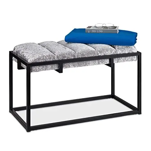 Produktbild: Relaxdays Sitzbank, gepolsterte Flurbank mit Samtbezug, HxBxT: 47 x 80 x 40 cm, Metall, Elegante Bettbank, grau/schwarz