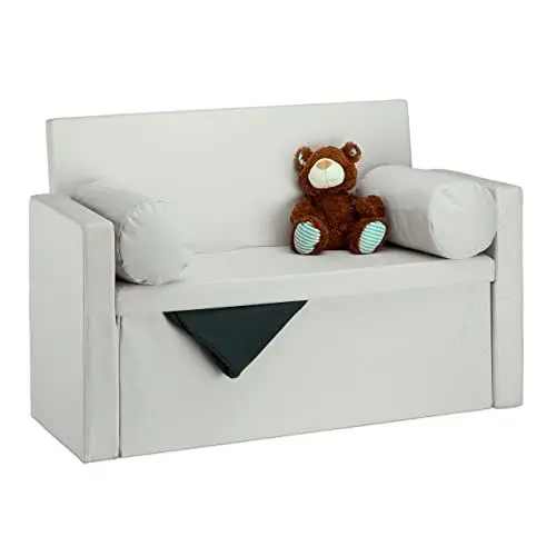 Produktbild: Relaxdays Sitzbank mit Lehne, 2 Kissenrollen, faltbar, Aufbewahrung, gepolstert, Flur, Sitztruhe 75 x 115 x 47 cm, Grau, Creme