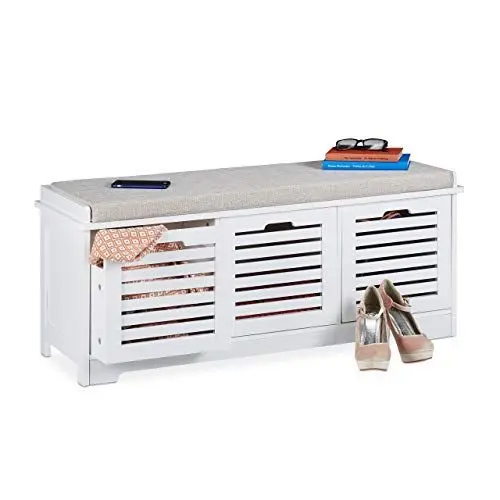 Produktbild: Relaxdays Sitzbank mit Stauraum, 3 Körbe & Sitzkissen, Küchenbank Landhausstil, Garderobenbank HxBxT 44x105x35 cm, weiß