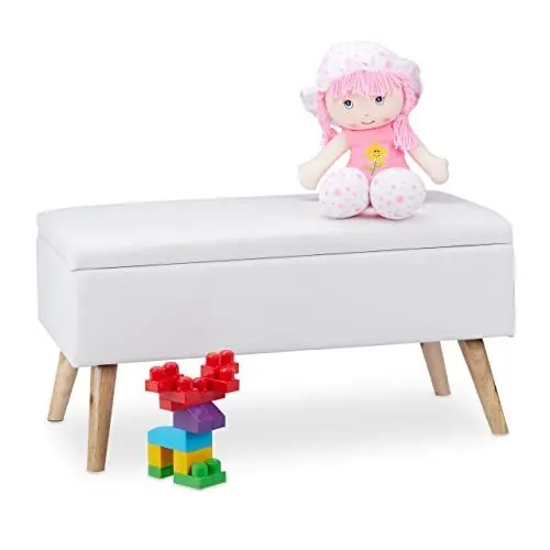 Produktbild: Relaxdays Sitzbank mit Stauraum, 40 L, gepolstert, Holzbeine, Truhenbank Kunstleder, HxBxT: 40 x 80 x 39,5 cm, weiß, Größe