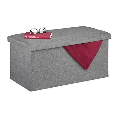 Produktbild: Relaxdays Sitzbank mit Stauraum, Leinen-Optik, gepolstert, Flur, Schlafzimmer, Truhenbank, HBT 38 x 76,5 x 38,5 cm, grau