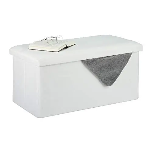 Produktbild: Relaxdays Sitzbank mit Stauraum, Leinen-Optik, gepolstert, Flur, Schlafzimmer, Truhenbank, HBT 38 x 76,5 x 38,5 cm, weiß