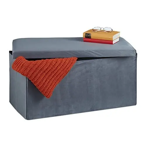 Produktbild: Relaxdays Sitzbank mit Stauraum, Samt, 80 L, Flur, Wohnzimmer, gepolstert, faltbar, Truhenbank, 38x77x39 cm, dunkelgrau