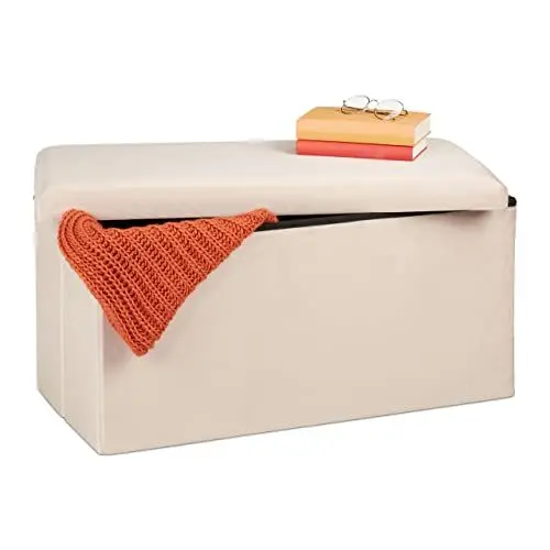 Produktbild: Relaxdays Sitzbank mit Stauraum, Samtbezug, 80 L, Flur, Wohnzimmer, gepolsterte Truhenbank, 38x77x39 cm, Farbauswahl, Creme