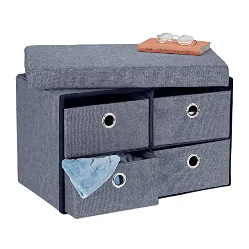 Produktbild: Relaxdays Sitzbank mit Stauraum, faltbar, 4 Schubladen, Flur, Wohn-& Schlafzimmer, Sitztruhe, HBT 39 x 60 x 38 cm, grau