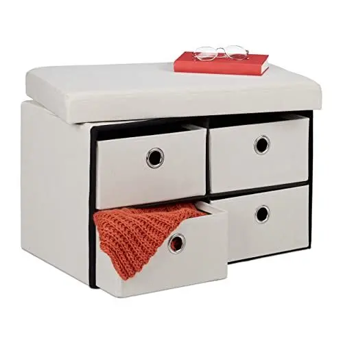 Produktbild: Relaxdays Sitzbank mit Stauraum, faltbar, 4 Schubladen, Sitztruhe Flur, Wohn-& Schlafzimmer, HBT 39 x 60 x 38 cm, beige, Creme