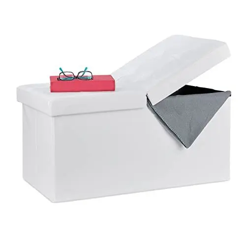 Produktbild: Relaxdays Sitzbank, mit Stauraum, faltbar, Leder-Optik, klappbarer Deckel, Flur, Schlafzimmer, Polster Truhenbank, weiß, 39 x 75 x 37 cm