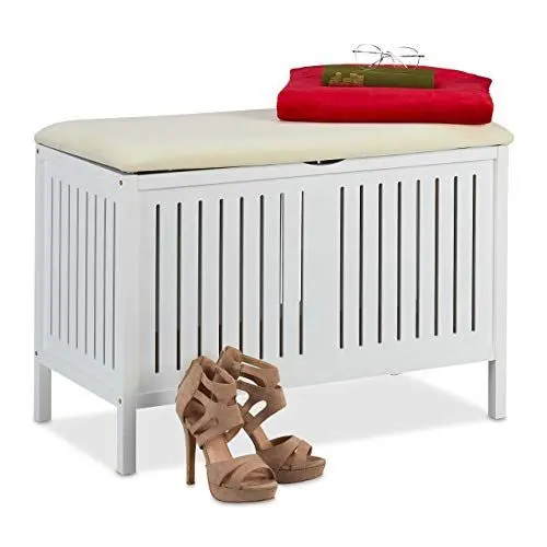 Produktbild: Relaxdays Sitzbank mit Stauraum, gepolstert, 80 l Staufach, Landhausstil, Holz, Sitztruhe HxBxT: 56 x 78 x 39 cm, weiß