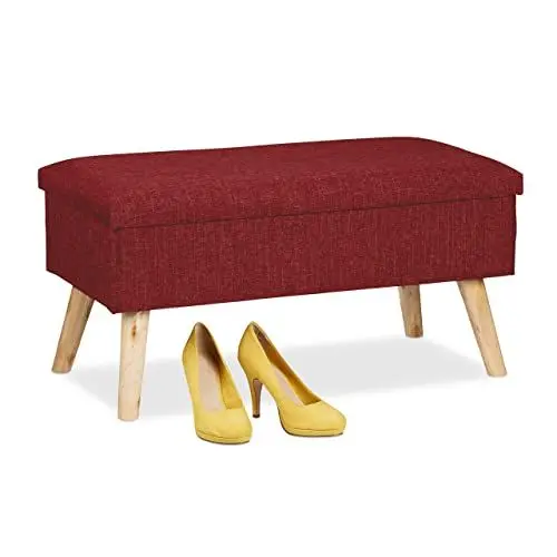 Produktbild: Relaxdays Sitzbank mit Stauraum, gepolsterte Truhenbank, modern, Holzbeine, Stoffbezug, HxBxT 39 x 77 x 39 cm, dunkelrot