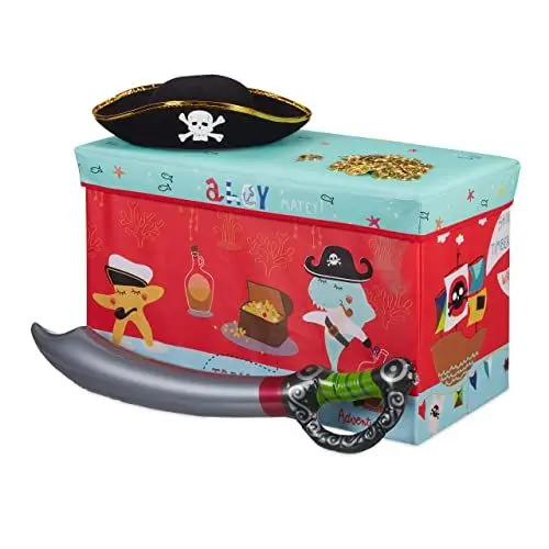 Produktbild: Relaxdays Sitzbox Kinder, Faltbare Aufbewahrungsbox mit Stauraum, Deckel, Piratenmotiv, Jungen & Mädchen, 50 Liter, rot, 10025726_1177, Pirat