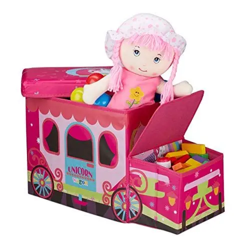 Produktbild: Relaxdays Sitzbox Kinder, Staubox mit Deckel, Spielzeug, faltbar, Einhorn, Stauraum, Jungen & Mädchen, 50 Liter, pink
