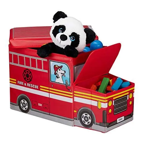 Produktbild: Relaxdays Sitzbox Kinder, Staubox mit Deckel, Spielzeug, faltbar, Feuerwehrauto, Stauraum, Jungen & Mädchen, 50 l, rot, H x B x T: ca. 33 x 27 x 56 cm