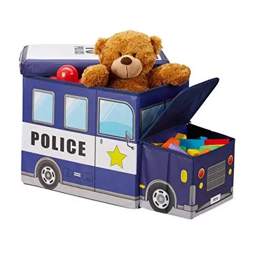 Produktbild: Relaxdays Sitzbox Kinder, Staubox mit Deckel, Spielzeug, faltbar, Polizei, Stauraum, Jungen & Mädchen, 50 l, dunkelblau, Gelb