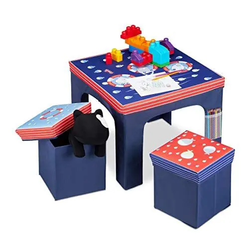 Produktbild: Relaxdays Sitzgruppe Kinder, faltbar, Kindertisch, Sitzhocker mit Stauraum, Sitzgelegenheit Kinderzimmer, Fische, blau, 48,00 x 59,50 x 59,50cm