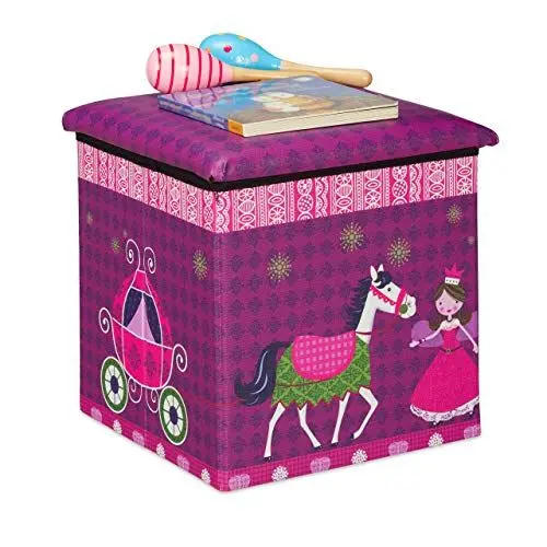 Produktbild: Relaxdays Sitzhocker Kinder, Prinzessin-Design, Sitzbox faltbar, mit Stauraum, Sitzwürfel, HxBxT 31 x 31 x 31 cm, lila