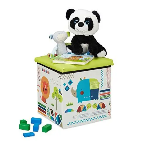 Produktbild: Relaxdays Sitzhocker Kinder, Tier-Design, Sitzbox faltbar, mit Stauraum, Sitzwürfel, HxBxT 31 x 31 x 31 cm, grün-weiß