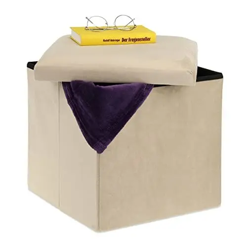 Produktbild: Relaxdays Sitzhocker, Sitzwürfel mit Stauraum, HBT: 38 x 38 x 38 cm, faltbar, Aufbewahrungshocker aus MDF & Samt, Creme