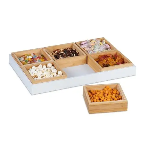 Produktbild: Relaxdays Snackschalen Set, mit Serviertablett, Bambus, 6 Schälchen, Chips, Nüsse & Süßigkeiten, Servierset, Natur/weiß, 1 Stück