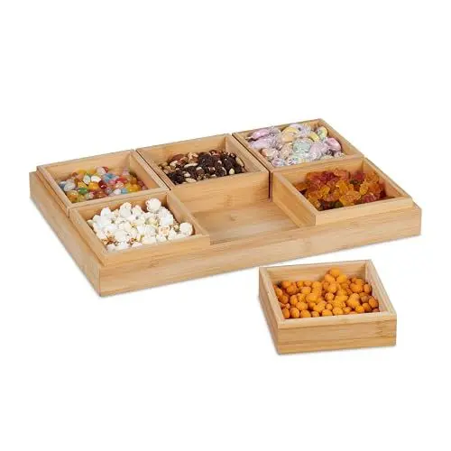 Produktbild: Relaxdays Snackschalen Set, mit Serviertablett, Bambus, 6 Schälchen, für Chips, Nüsse & Süßigkeiten, Servierset, Natur, 1 Stück