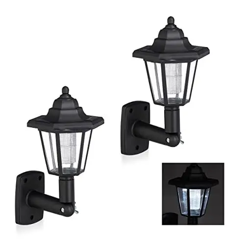 Produktbild: Relaxdays Solar Wandlaterne im 2er Set, nostalgische LED Solarlampe für draußen, energiesparend, wasserdicht, schwarz
